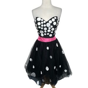 Jovani‎ Sz 8 Black White Polka Cocktail Dress Tulle Skirt Strapless Vintage Y2K